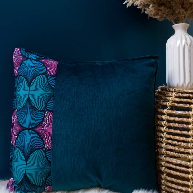 KIMI - Housse de coussin en velours et wax 50x50